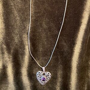 925 Sterling Silver Filigree Heart Pendant Necklace w/Amethyst Gemstone